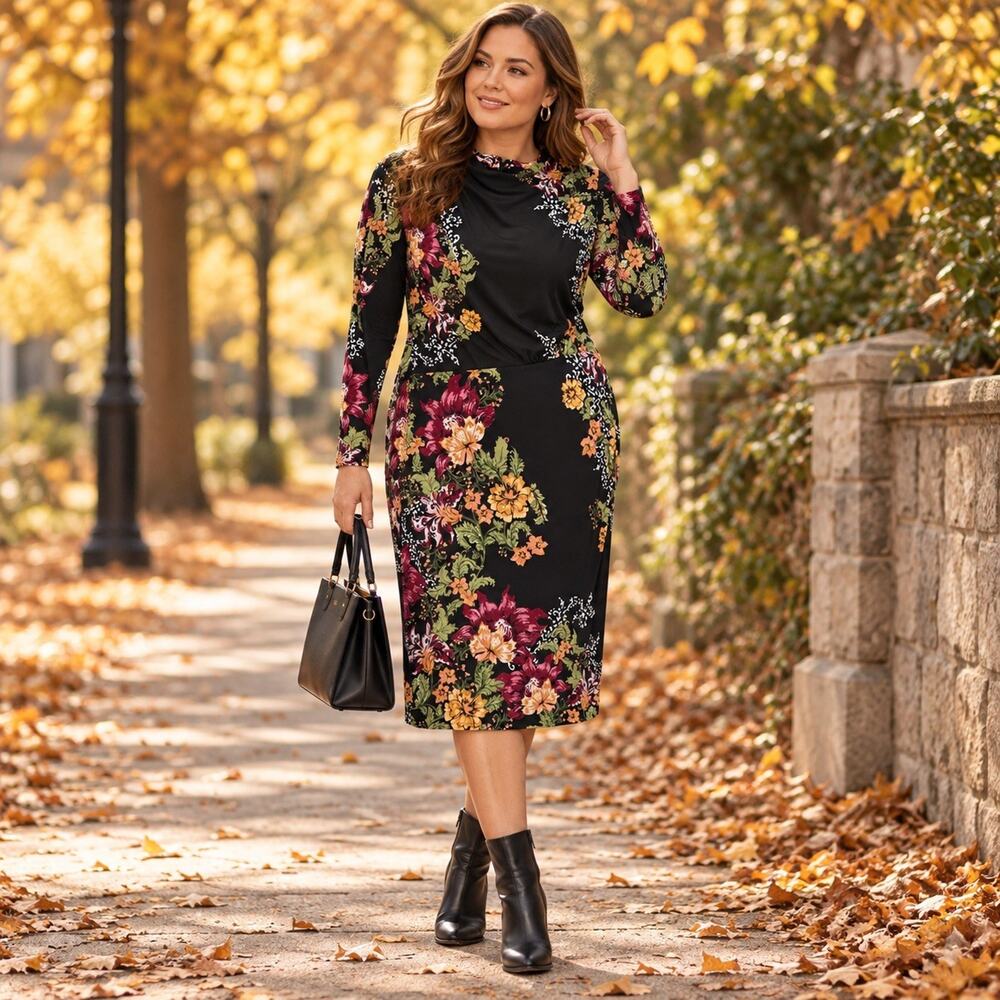 Clover & Sloane Size 16 Black Floral Long Sleeve Midi Sheath Dress Ruched Neck